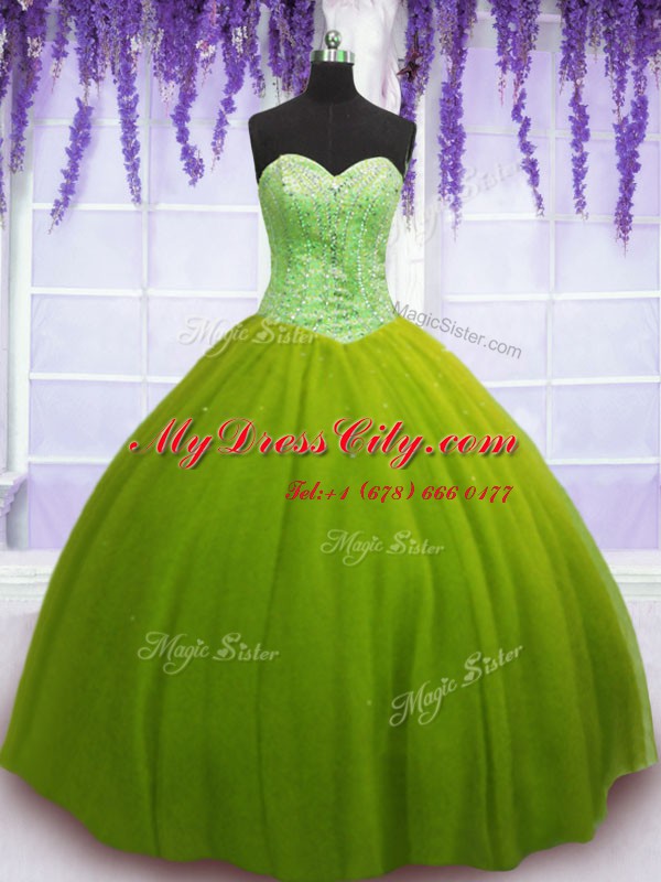 Olive Green Ball Gowns Sweetheart Sleeveless Tulle Floor Length Lace Up Beading Quinceanera Gowns