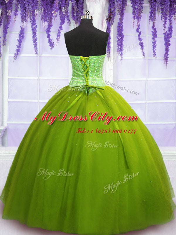 Olive Green Ball Gowns Sweetheart Sleeveless Tulle Floor Length Lace Up Beading Quinceanera Gowns