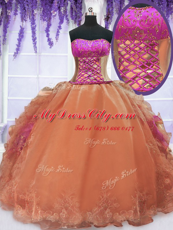 Floor Length Lace Up Quinceanera Gowns Orange for Military Ball and Sweet 16 and Quinceanera with Embroidery and Ruffles