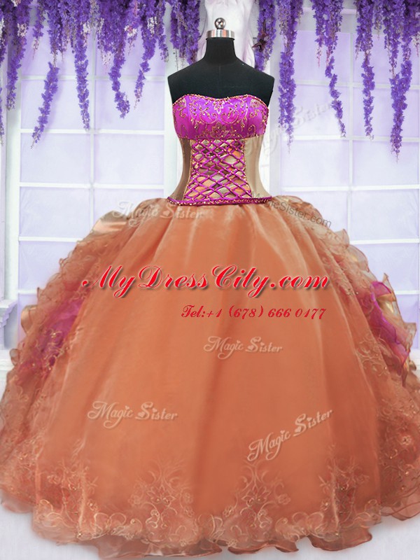 Floor Length Lace Up Quinceanera Gowns Orange for Military Ball and Sweet 16 and Quinceanera with Embroidery and Ruffles