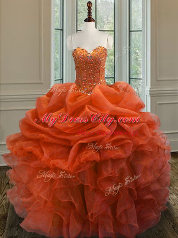 Ball Gowns Sweet 16 Quinceanera Dress Orange Red Sweetheart Organza Sleeveless Floor Length Lace Up