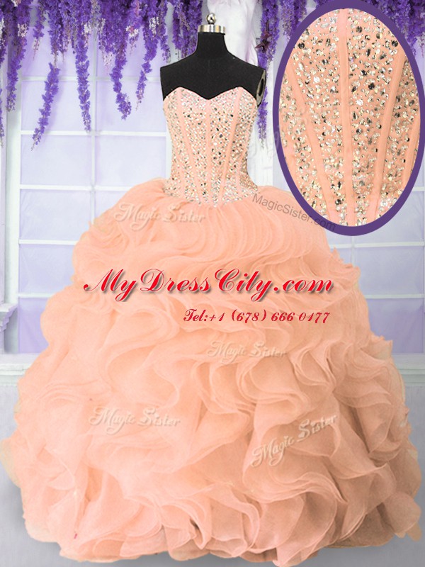 Floor Length Pink Quinceanera Gown Sweetheart Sleeveless Lace Up