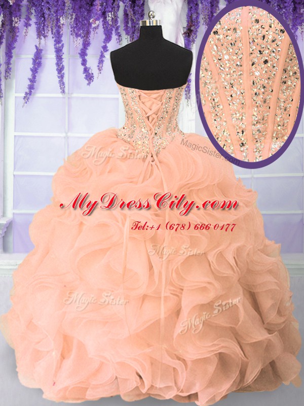 Floor Length Pink Quinceanera Gown Sweetheart Sleeveless Lace Up