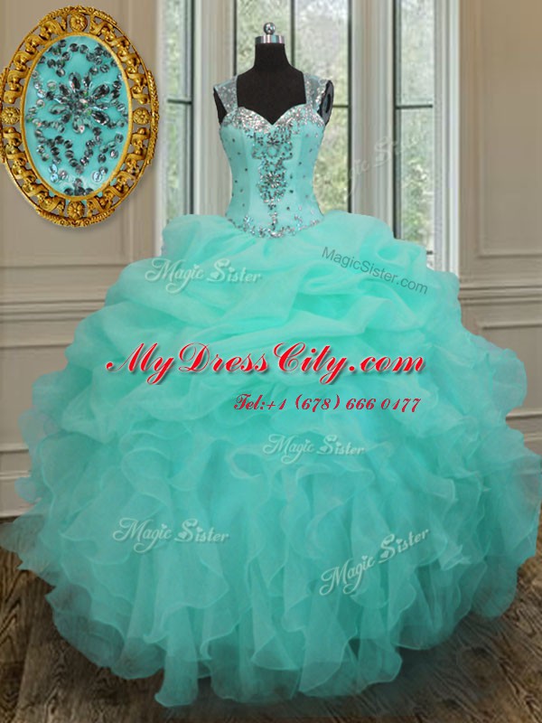 Captivating Straps Sleeveless Zipper Ball Gown Prom Dress Apple Green Organza