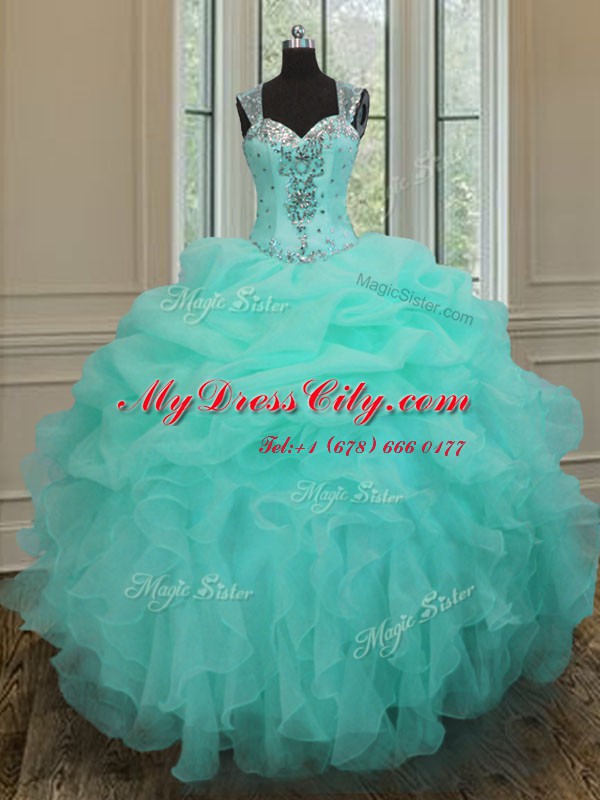 Captivating Straps Sleeveless Zipper Ball Gown Prom Dress Apple Green Organza