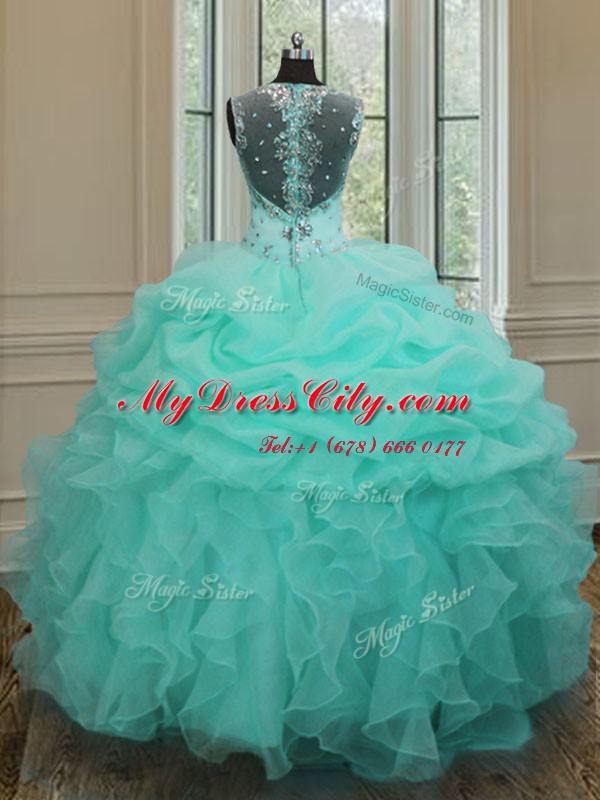 Captivating Straps Sleeveless Zipper Ball Gown Prom Dress Apple Green Organza