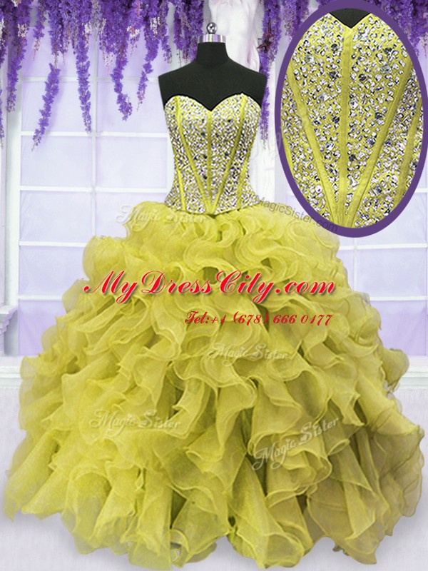 Exceptional Gold Ball Gowns Sweetheart Sleeveless Organza Floor Length Lace Up Beading and Ruffles 15th Birthday Dress