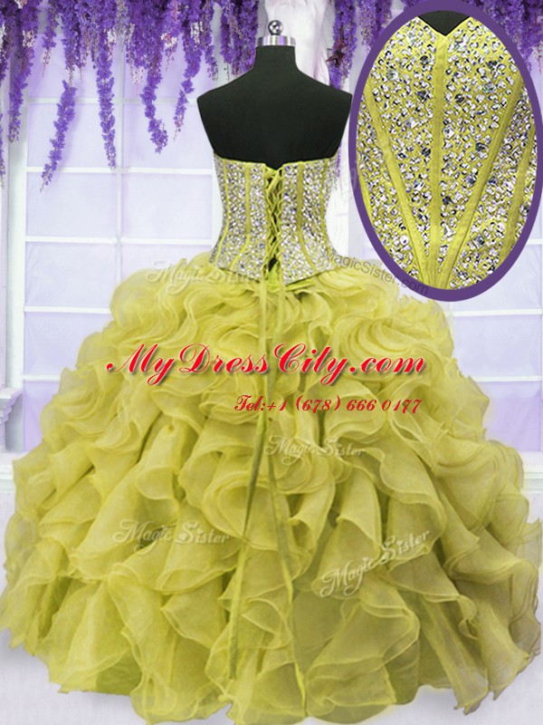 Exceptional Gold Ball Gowns Sweetheart Sleeveless Organza Floor Length Lace Up Beading and Ruffles 15th Birthday Dress