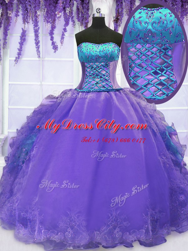 Discount Lavender Strapless Lace Up Embroidery and Ruffles Ball Gown Prom Dress Sleeveless