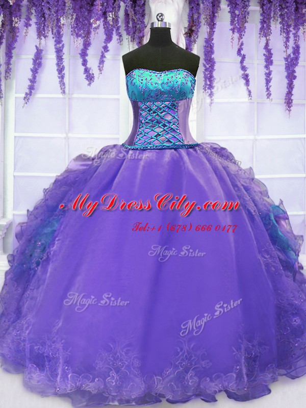 Discount Lavender Strapless Lace Up Embroidery and Ruffles Ball Gown Prom Dress Sleeveless