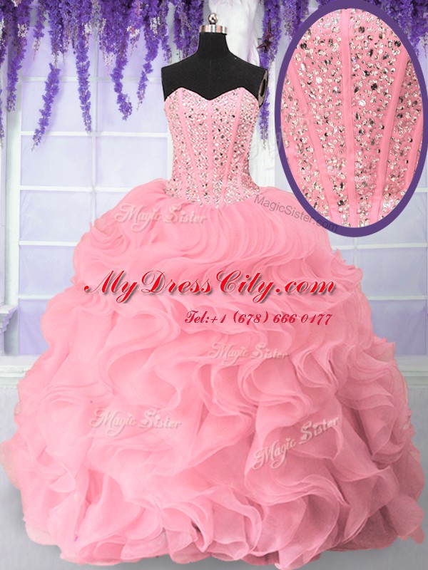 Sweet Floor Length Lace Up Sweet 16 Quinceanera Dress Pink for Military Ball and Sweet 16 and Quinceanera with Beading and Ruffles