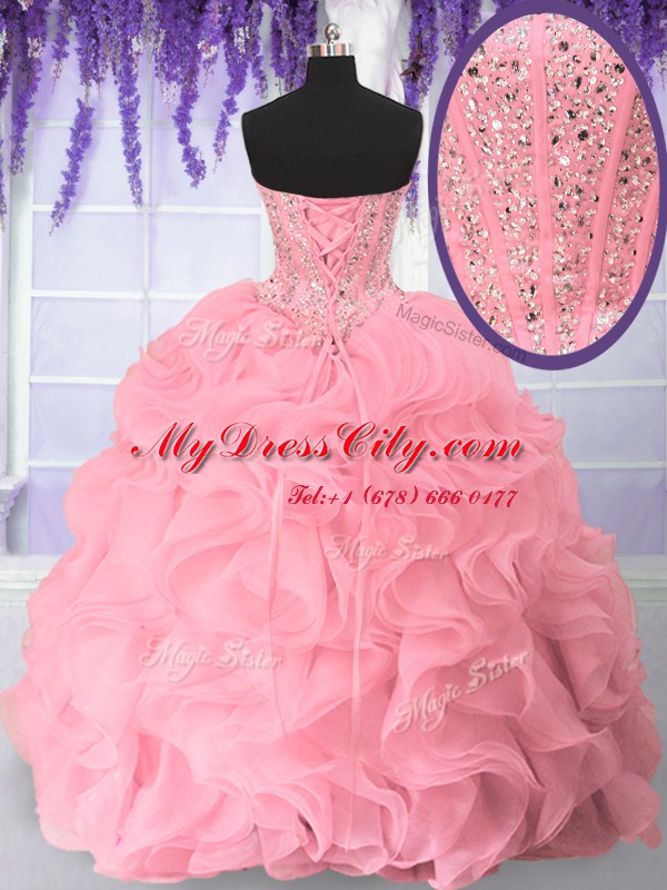 Sweet Floor Length Lace Up Sweet 16 Quinceanera Dress Pink for Military Ball and Sweet 16 and Quinceanera with Beading and Ruffles