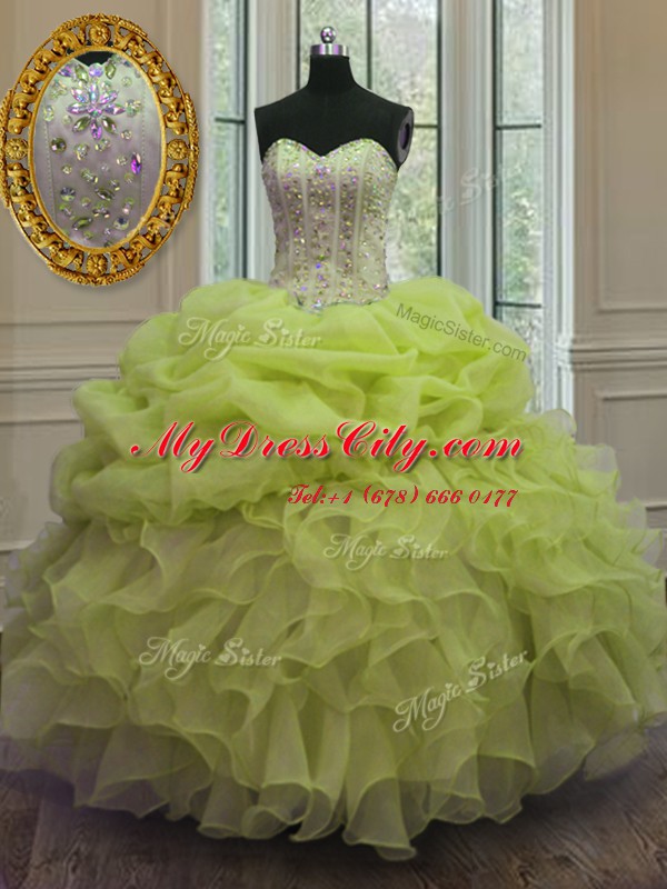 Custom Designed Yellow Green Quince Ball Gowns Military Ball and Sweet 16 and Quinceanera and For with Beading and Pick Ups Sweetheart Sleeveless Lace Up