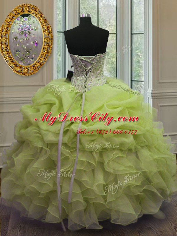 Custom Designed Yellow Green Quince Ball Gowns Military Ball and Sweet 16 and Quinceanera and For with Beading and Pick Ups Sweetheart Sleeveless Lace Up