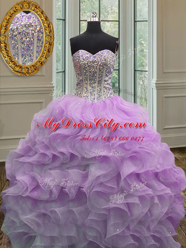 Lilac Ball Gowns Organza Sweetheart Sleeveless Beading and Ruffles Floor Length Lace Up 15th Birthday Dress