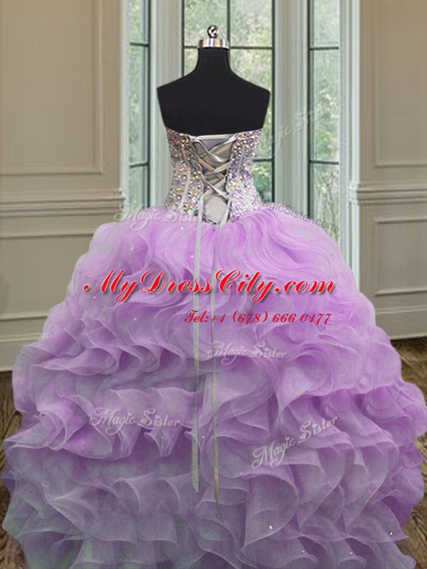 Lilac Ball Gowns Organza Sweetheart Sleeveless Beading and Ruffles Floor Length Lace Up 15th Birthday Dress