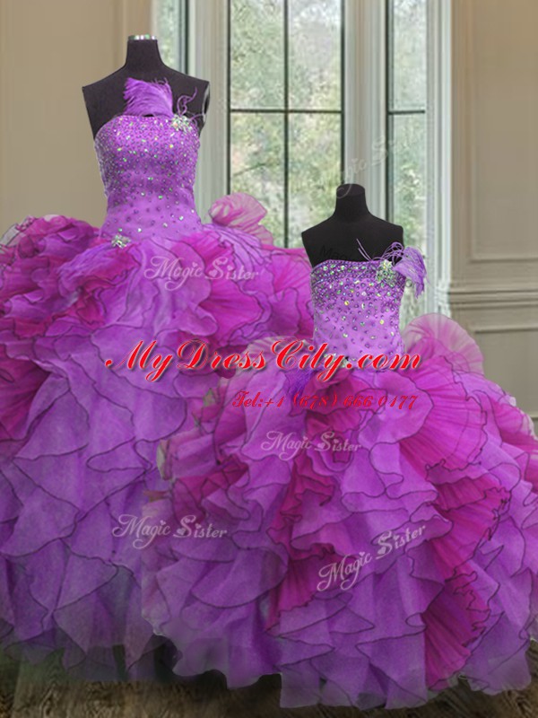 Amazing Multi-color Sleeveless Floor Length Beading and Ruffles Lace Up Ball Gown Prom Dress