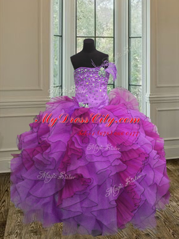 Amazing Multi-color Sleeveless Floor Length Beading and Ruffles Lace Up Ball Gown Prom Dress