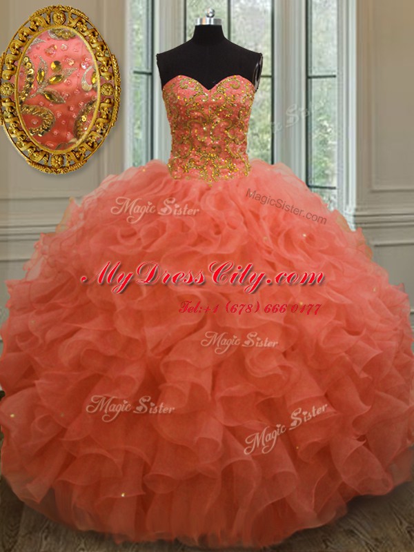 Adorable Sweetheart Sleeveless Lace Up Vestidos de Quinceanera Orange Red Organza