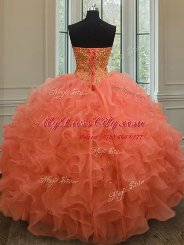 Adorable Sweetheart Sleeveless Lace Up Vestidos de Quinceanera Orange Red Organza