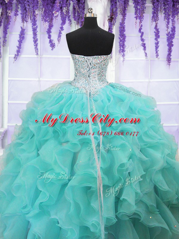 Latest Aqua Blue Lace Up Sweet 16 Quinceanera Dress Ruffles and Sequins Sleeveless Floor Length