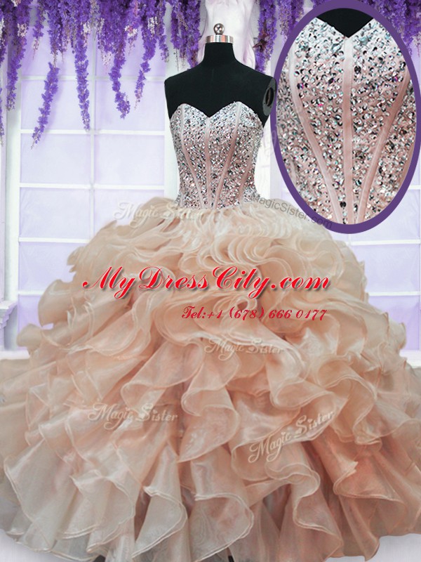 Peach Lace Up 15th Birthday Dress Beading and Ruffles Sleeveless Floor Length