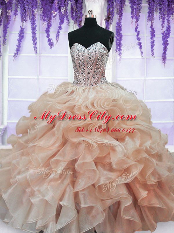 Peach Lace Up 15th Birthday Dress Beading and Ruffles Sleeveless Floor Length