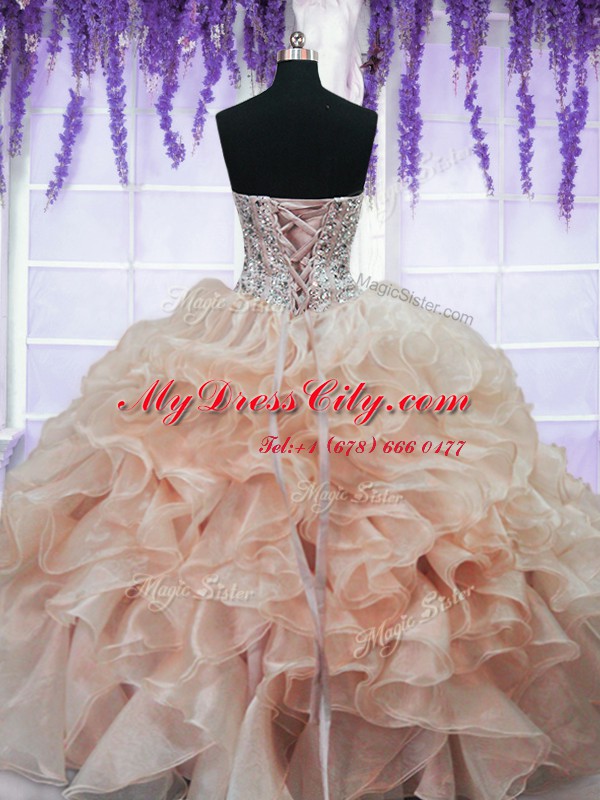 Peach Lace Up 15th Birthday Dress Beading and Ruffles Sleeveless Floor Length