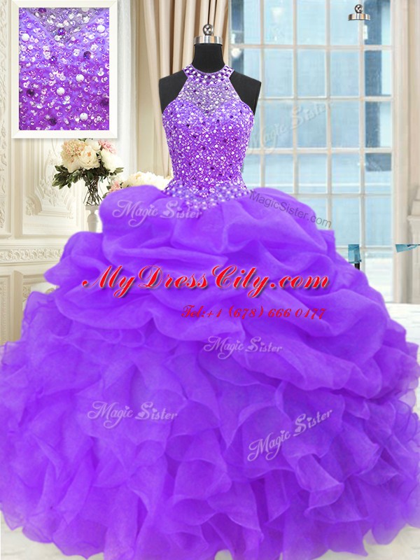 High Class Purple Sleeveless Floor Length Beading and Pick Ups Lace Up 15 Quinceanera Dress