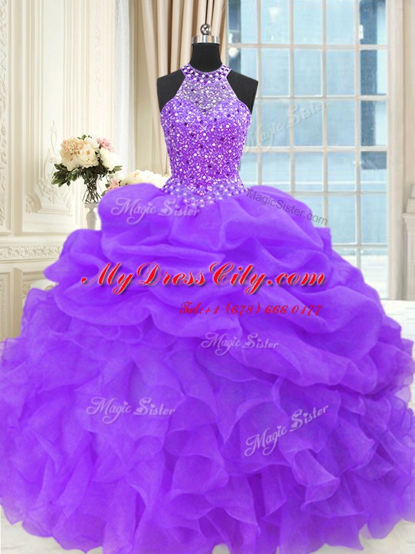 High Class Purple Sleeveless Floor Length Beading and Pick Ups Lace Up 15 Quinceanera Dress