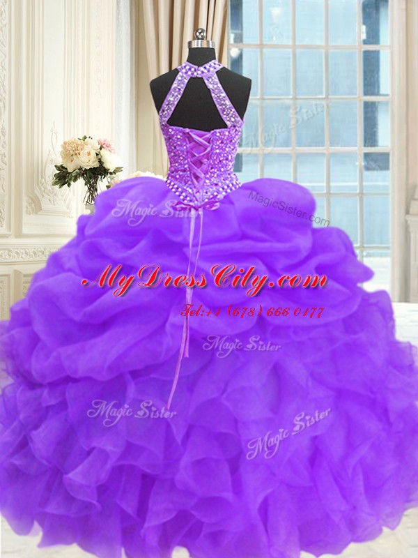 High Class Purple Sleeveless Floor Length Beading and Pick Ups Lace Up 15 Quinceanera Dress