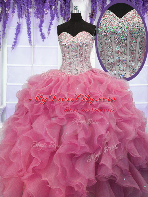 High End Organza Sleeveless Floor Length Sweet 16 Dress and Ruffles and Sequins