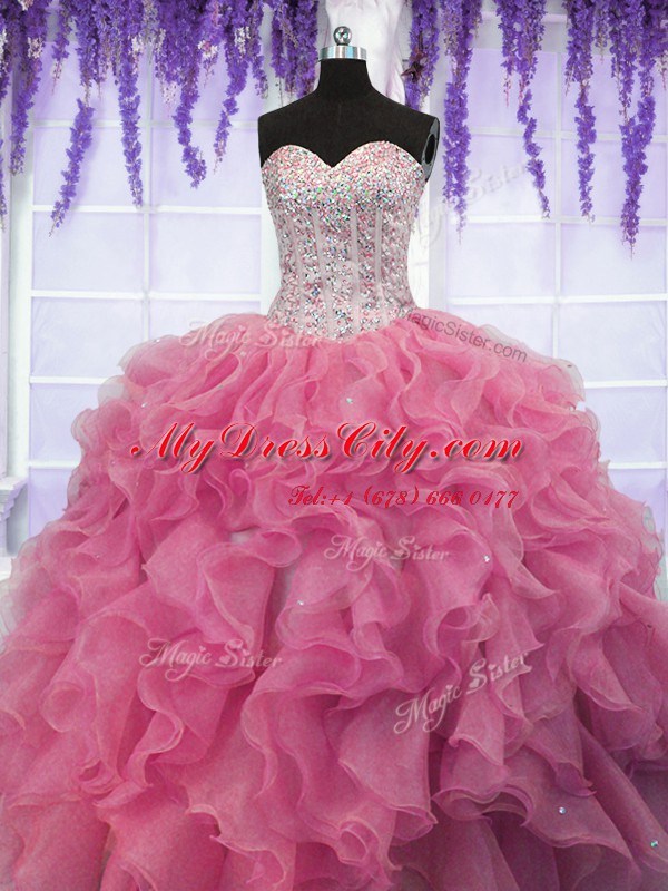 High End Organza Sleeveless Floor Length Sweet 16 Dress and Ruffles and Sequins