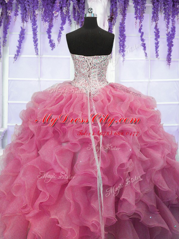 High End Organza Sleeveless Floor Length Sweet 16 Dress and Ruffles and Sequins