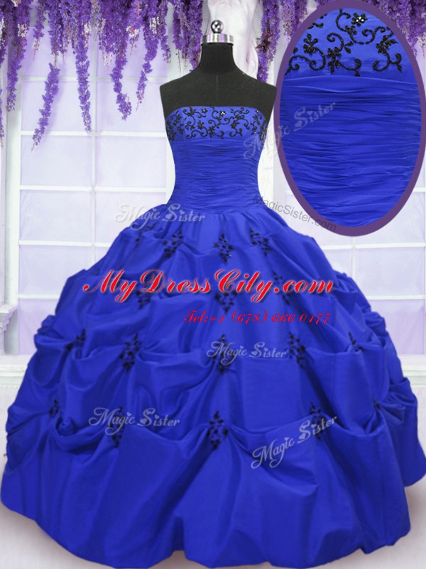 Floor Length Lace Up Ball Gown Prom Dress Royal Blue for Military Ball and Sweet 16 and Quinceanera with Embroidery and Pick Ups