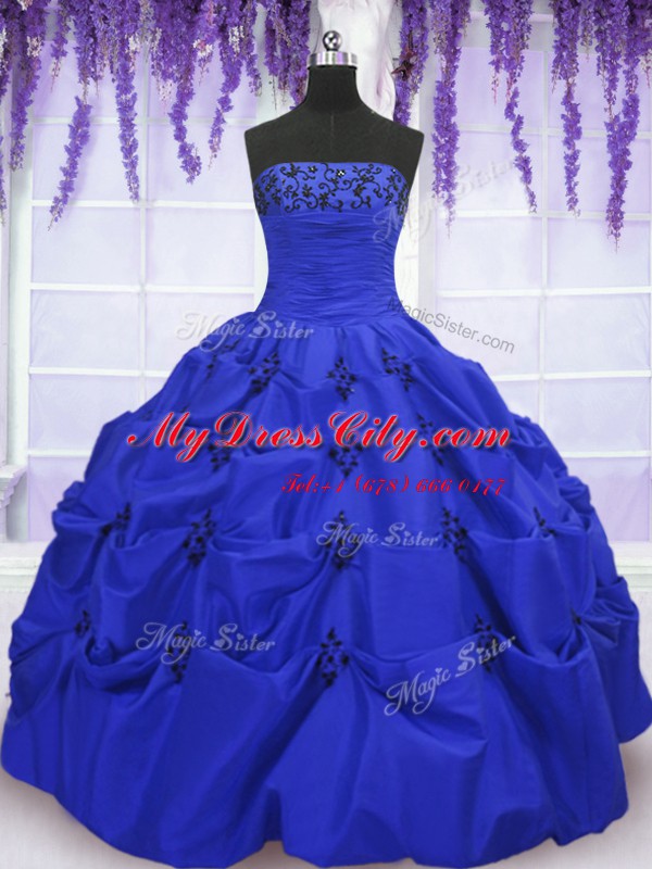 Floor Length Lace Up Ball Gown Prom Dress Royal Blue for Military Ball and Sweet 16 and Quinceanera with Embroidery and Pick Ups