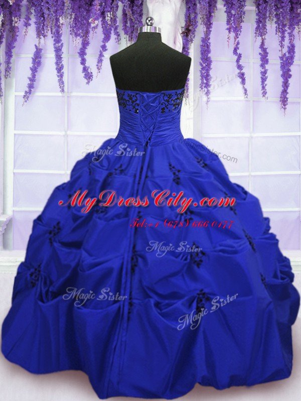 Floor Length Lace Up Ball Gown Prom Dress Royal Blue for Military Ball and Sweet 16 and Quinceanera with Embroidery and Pick Ups