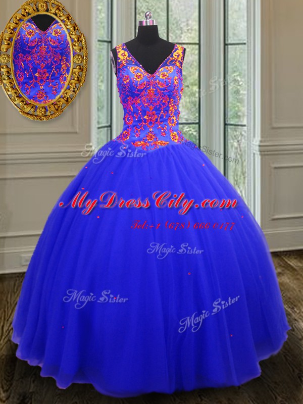 Sequins Floor Length Royal Blue 15 Quinceanera Dress V-neck Sleeveless Zipper