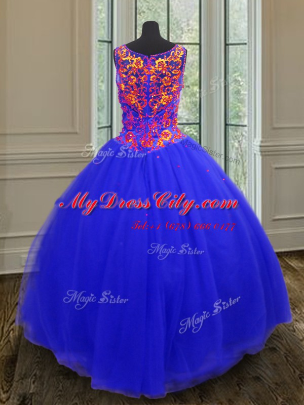 Sequins Floor Length Royal Blue 15 Quinceanera Dress V-neck Sleeveless Zipper