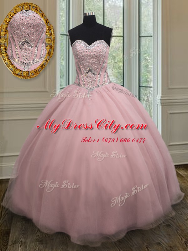 Comfortable Baby Pink Sleeveless Beading and Belt Floor Length Sweet 16 Quinceanera Dress