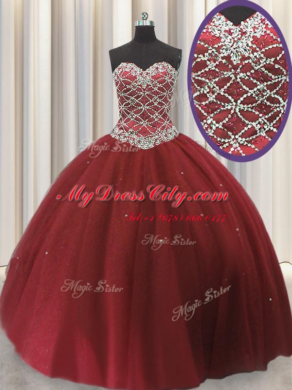 Tulle Sleeveless Floor Length Quinceanera Gown and Beading and Sequins