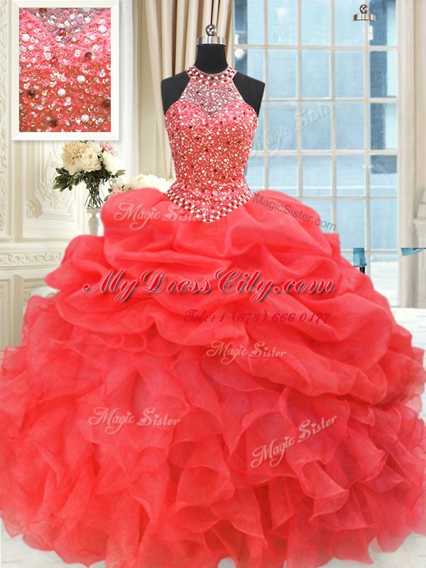 Sophisticated Organza High-neck Sleeveless Lace Up Beading and Pick Ups 15 Quinceanera Dress in Coral Red