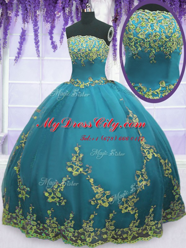 Smart Strapless Sleeveless Zipper 15th Birthday Dress Teal Tulle