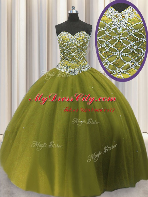 Beading Quinceanera Dress Olive Green Lace Up Sleeveless Floor Length