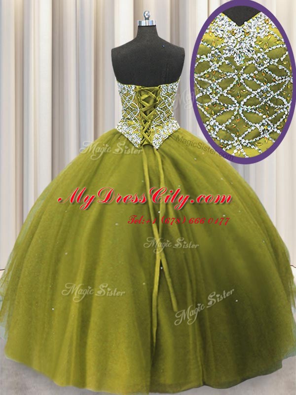 Beading Quinceanera Dress Olive Green Lace Up Sleeveless Floor Length