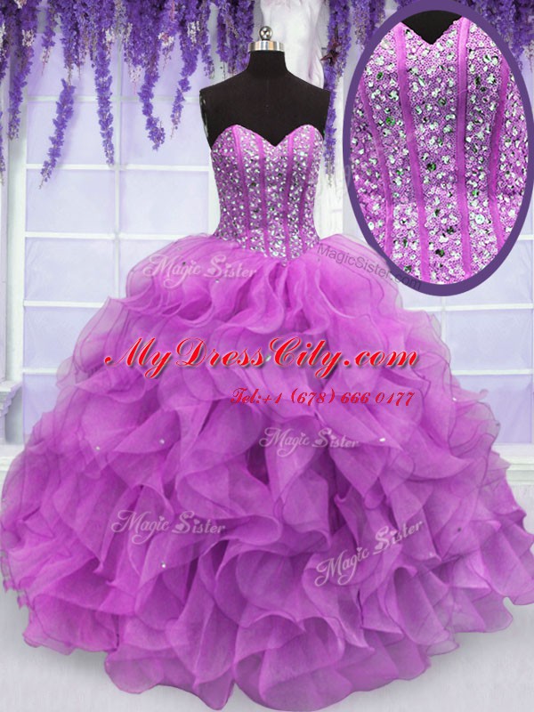 Lilac Sweet 16 Dresses Military Ball and Sweet 16 and Quinceanera and For with Beading and Ruffles Sweetheart Sleeveless Lace Up