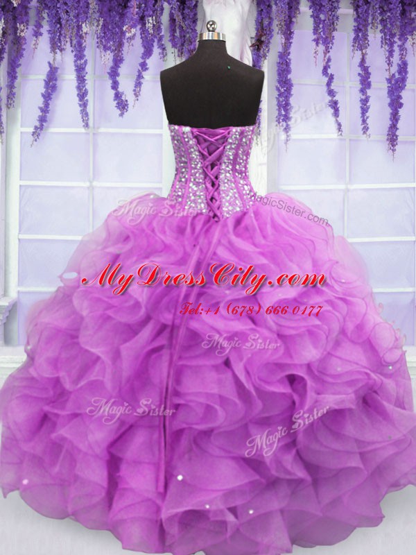 Lilac Sweet 16 Dresses Military Ball and Sweet 16 and Quinceanera and For with Beading and Ruffles Sweetheart Sleeveless Lace Up