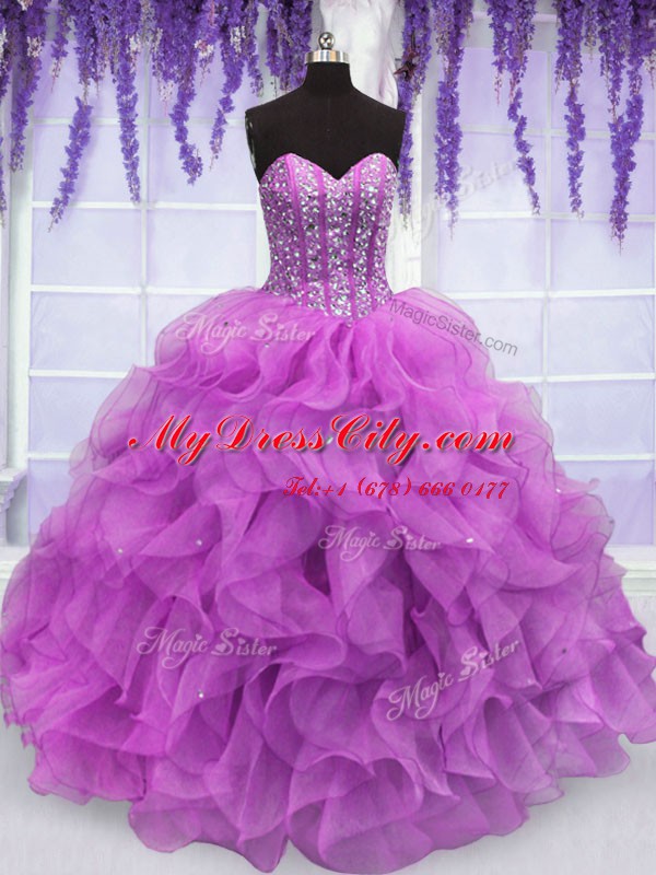 Lilac Sweet 16 Dresses Military Ball and Sweet 16 and Quinceanera and For with Beading and Ruffles Sweetheart Sleeveless Lace Up