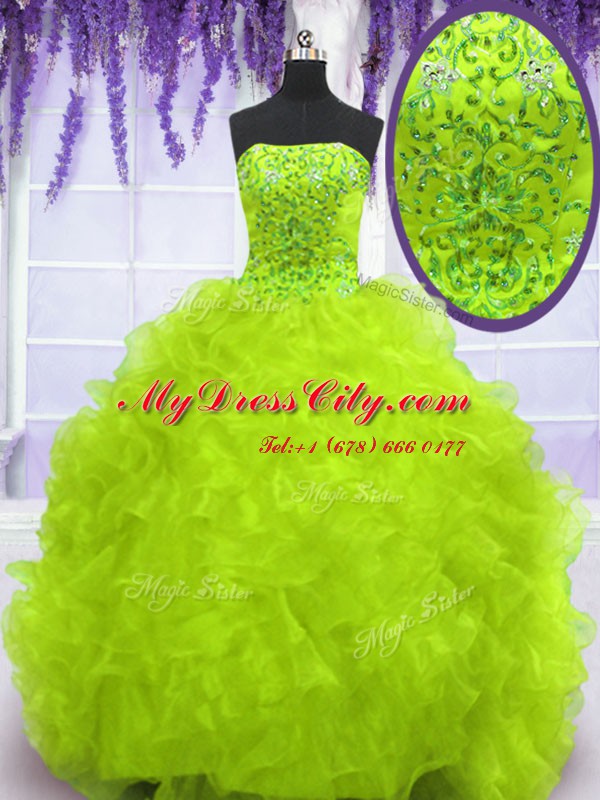 Hot Sale Sleeveless With Train Beading and Appliques and Ruffles Lace Up Sweet 16 Dress with Yellow Green Brush Train