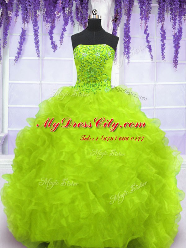 Hot Sale Sleeveless With Train Beading and Appliques and Ruffles Lace Up Sweet 16 Dress with Yellow Green Brush Train